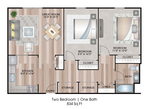 Floor plan for 2 beds, 1 bath, 834 sqft